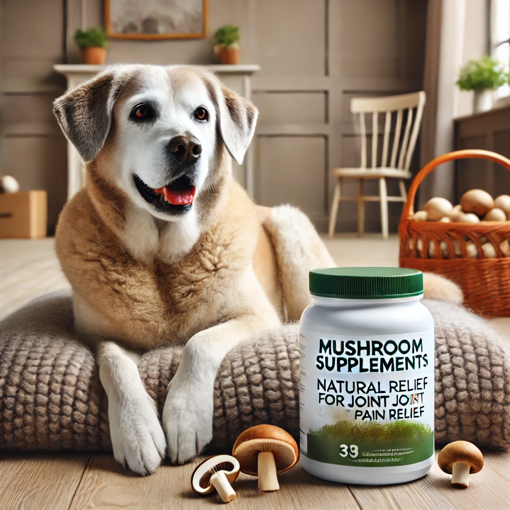 Senior dog resting with mushroom supplement for joint pain relief.