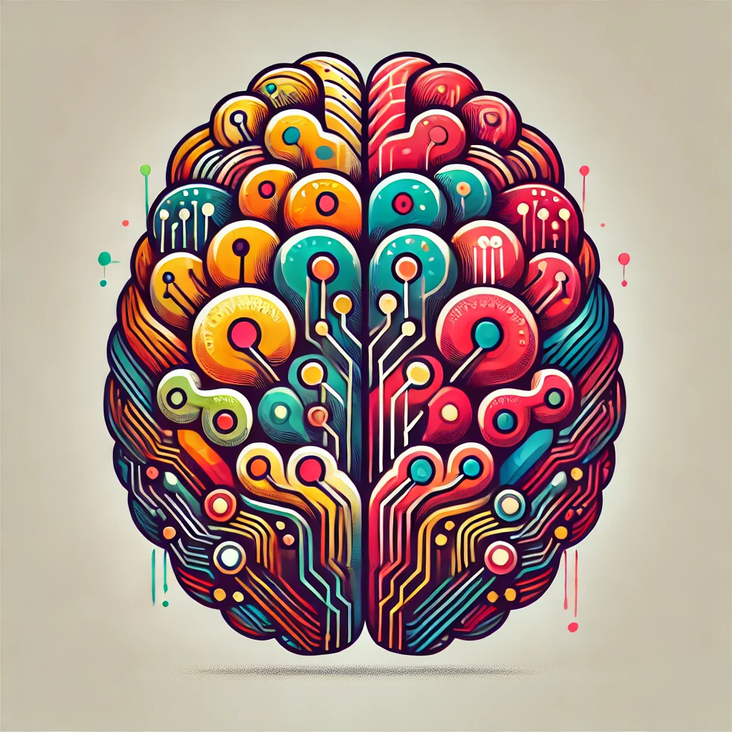 High-definition, stylized illustration of a brain split into colorful and structured hemispheres, inspired by ADHD.