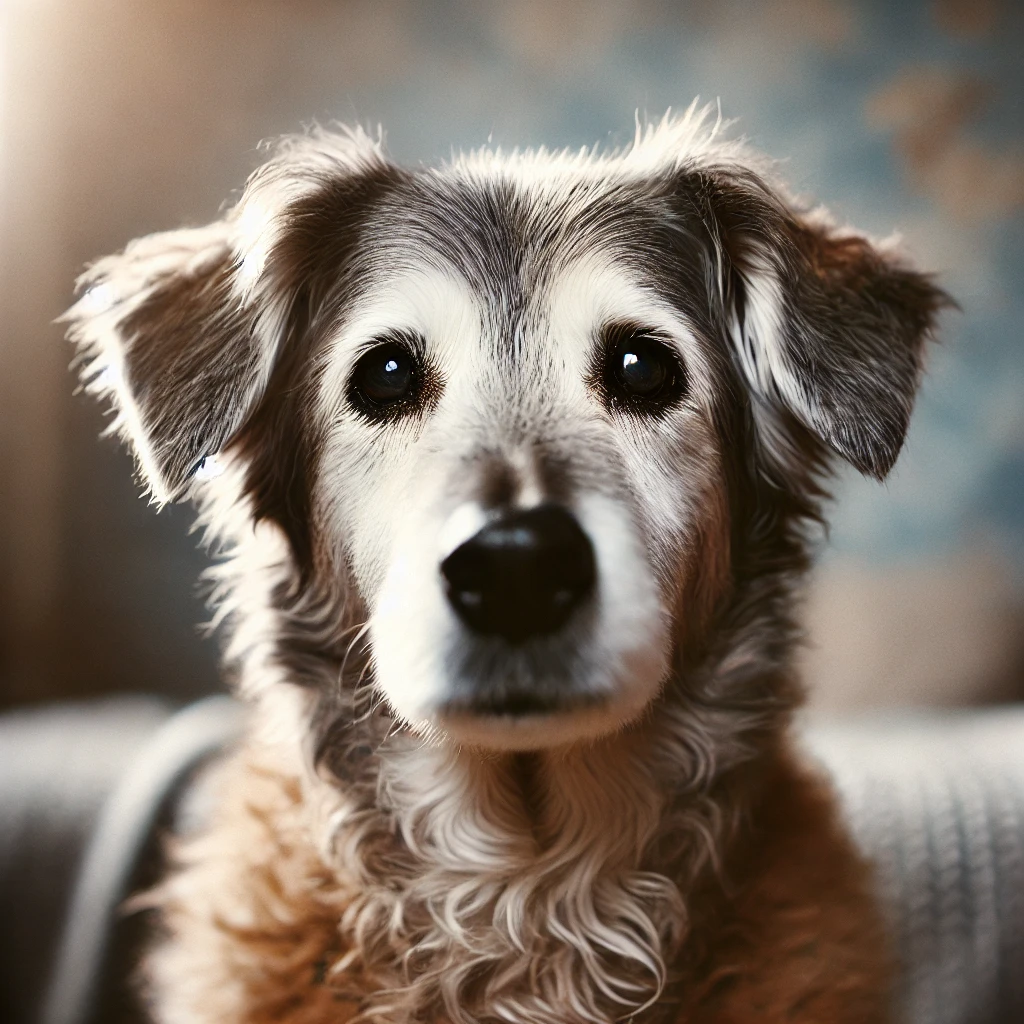  A thoughtful senior dog with gray fur around its muzzle, sitting indoors, highlighting cognitive aging.