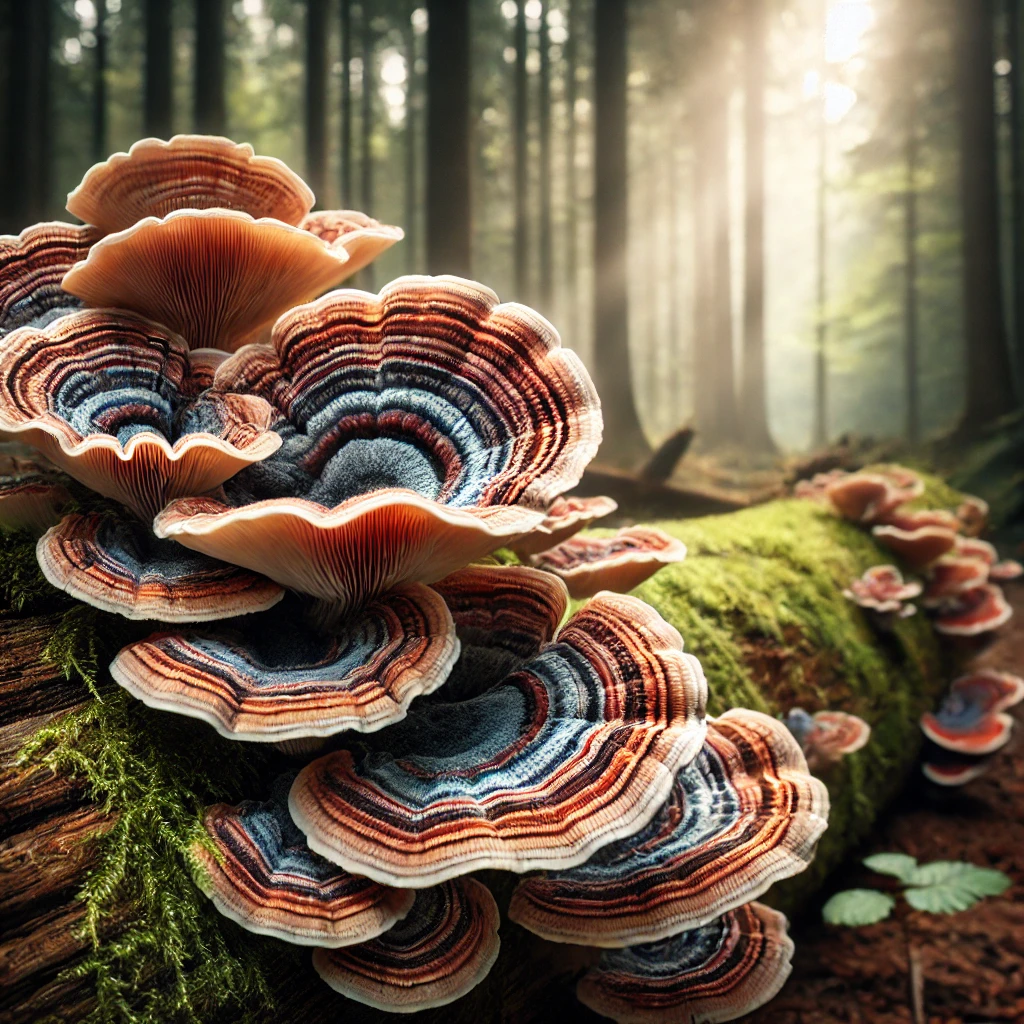 Turkey Tail mushrooms with vibrant, fan-shaped layers growing on a fallen log in a calm forest setting.