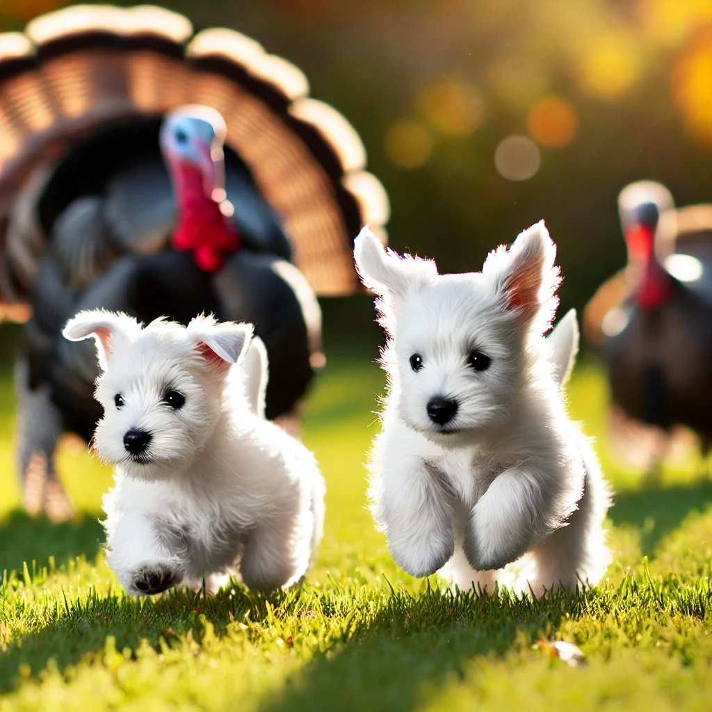 Two Westie puppies playfully chasing a turkey in a sunny, grassy field.