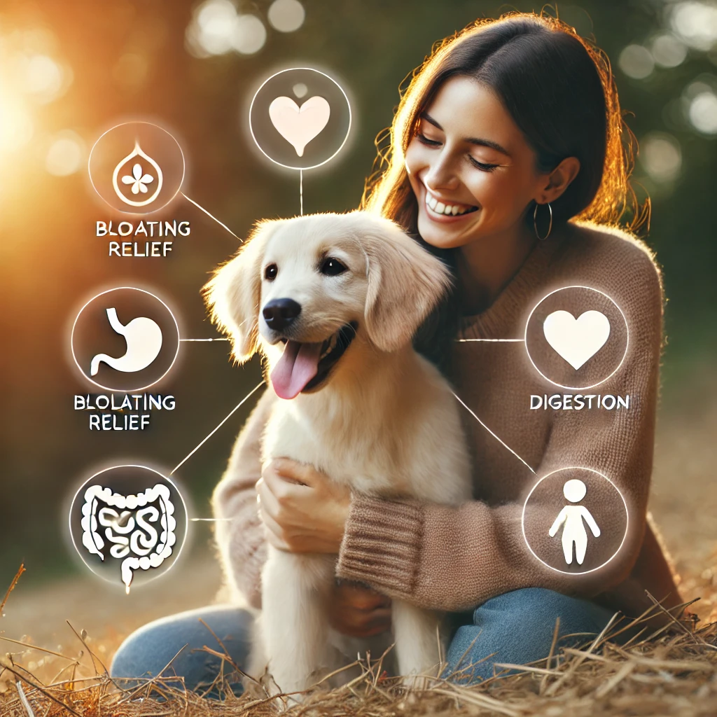 Woman playing with her dog, surrounded by icons representing bloating relief and digestive health.