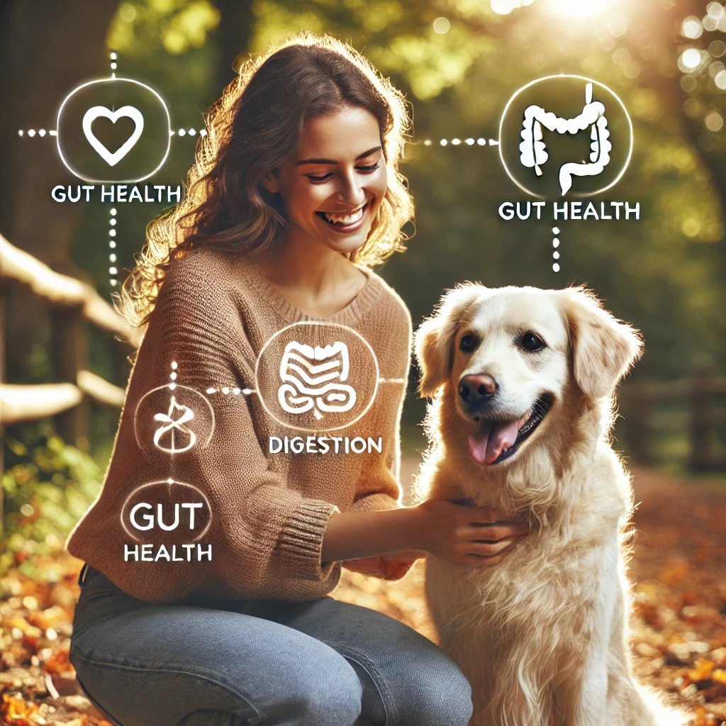 Woman playing with her dog, with icons representing gut health and digestion support in a natural setting.