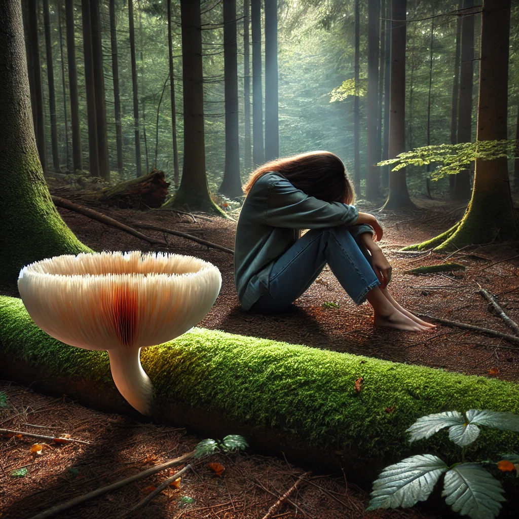 Woman sitting alone in a forest with a Lion's Mane mushroom growing on a mossy log nearby, symbolizing mental wellness support.