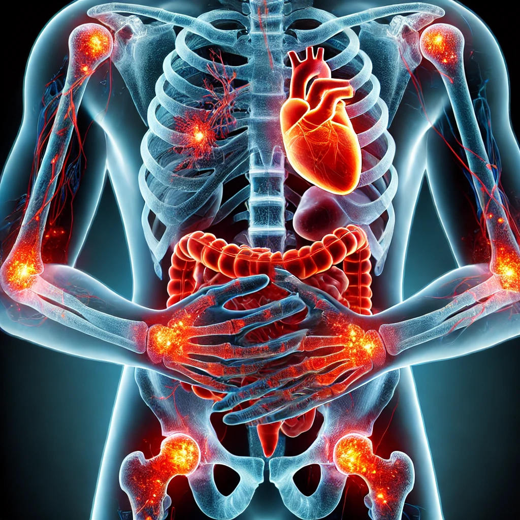 X-ray style image showing areas of inflammation in the body, highlighted in red and orange, focusing on joints, digestive organs, and heart.