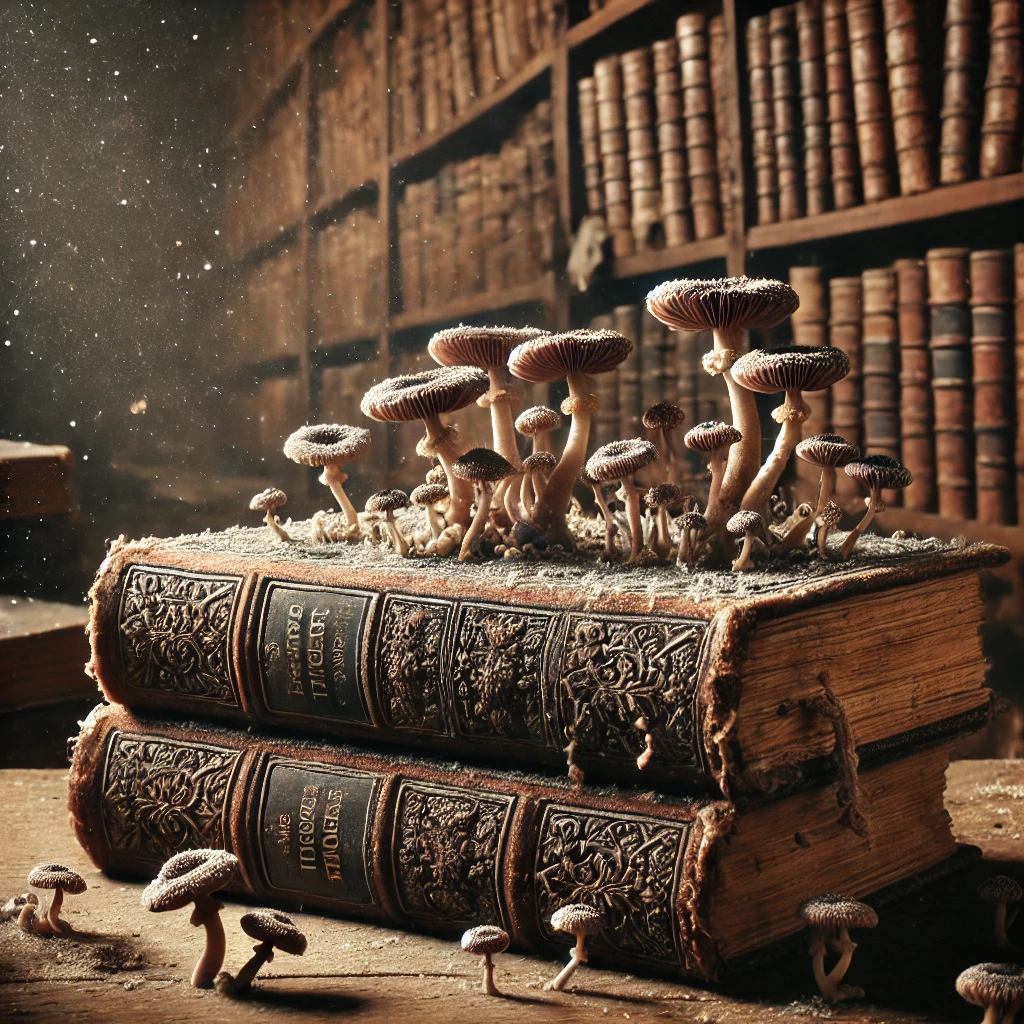 Close-up of an old book in a dusty, ancient library with mushrooms growing out of its pages and spine